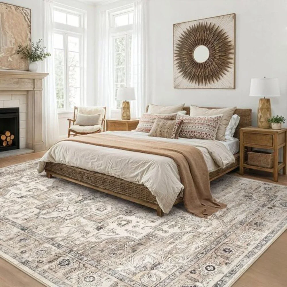 New 5x7 Washable Vintage Rug Non-Slip Low Pile Farmhouse Carpet - Tea Brown